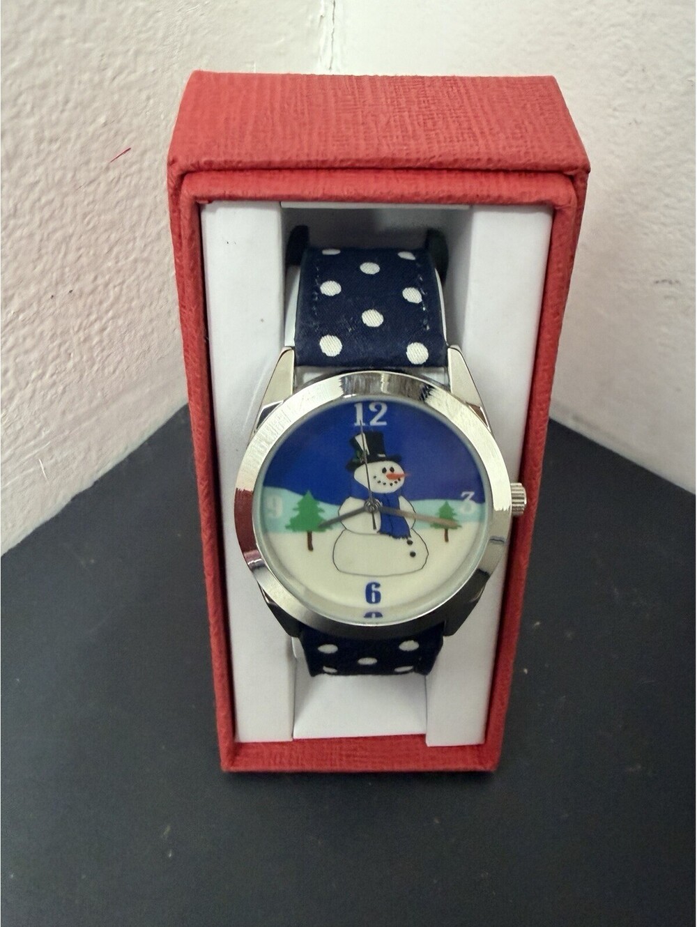 Snowman Watch With Navy Blue & White Polka Dot Band (New In Box)